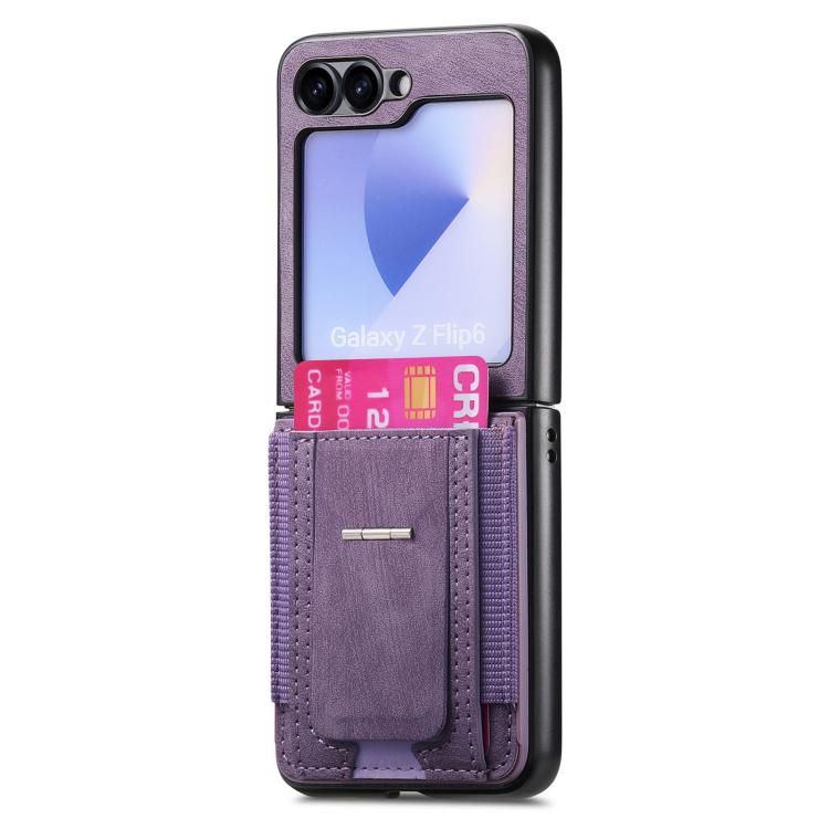For Galaxy Z Flip5 5G Retro Leather Fold Stand Elastic Card Bag Phone Case