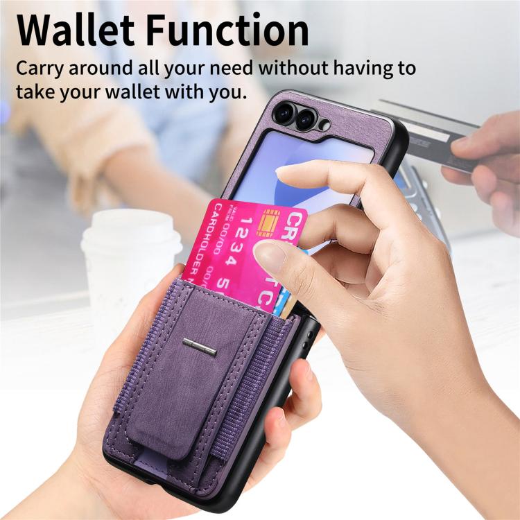 For Galaxy Z Flip5 5G Retro Leather Fold Stand Elastic Card Bag Phone Case