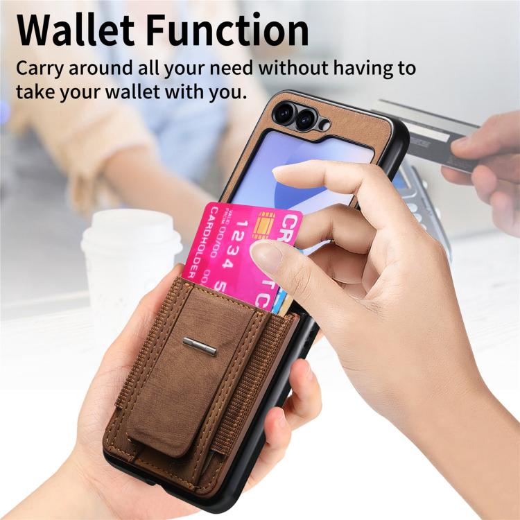 For Galaxy Z Flip6 5G Retro Leather Fold Stand Elastic Card Bag Phone Case