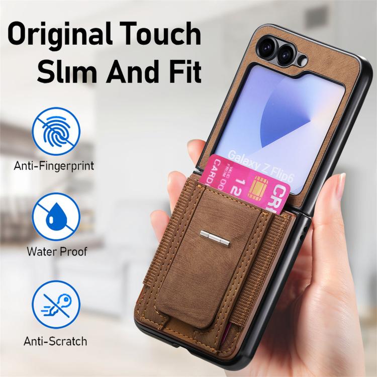 For Galaxy Z Flip6 5G Retro Leather Fold Stand Elastic Card Bag Phone Case