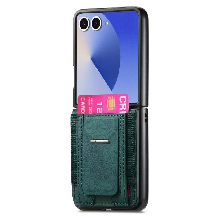 For Galaxy Z Flip7 5G Retro Leather Fold Stand Elastic Card Bag Phone Case