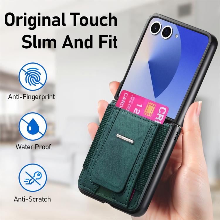 For Galaxy Z Flip7 5G Retro Leather Fold Stand Elastic Card Bag Phone Case