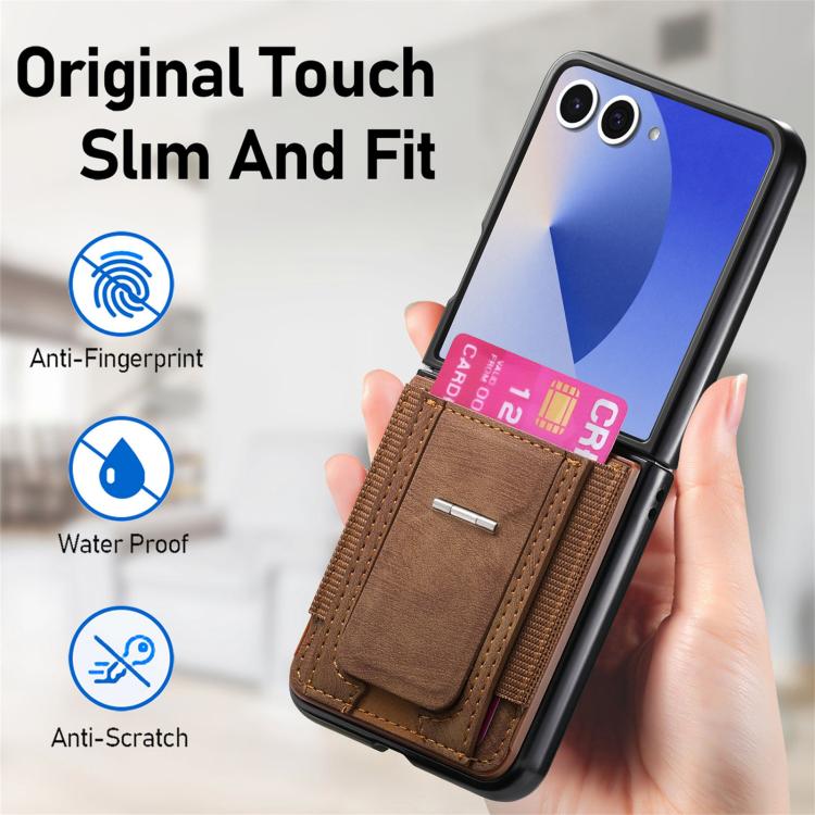For Galaxy Z Flip7 5G Retro Leather Fold Stand Elastic Card Bag Phone Case