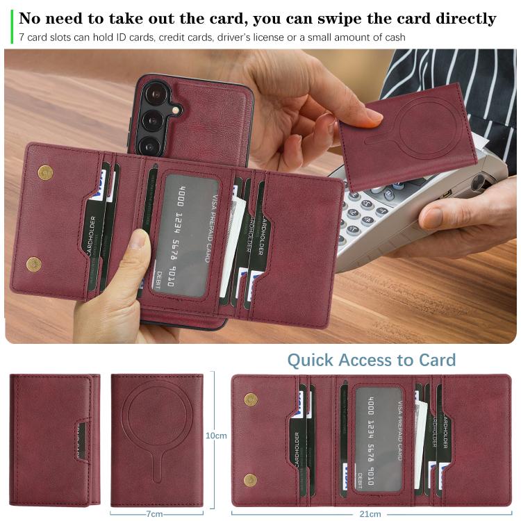 For Samsung Galaxy S25 5G Kalebol Strong Magnetic MagSafe Tri-Fold Wallet Leather Phone Case