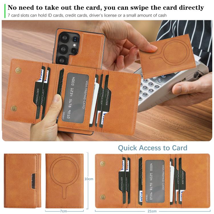 For Samsung Galaxy S25 Ultra 5G Kalebol Strong Magnetic MagSafe Tri-Fold Wallet Leather Phone Case