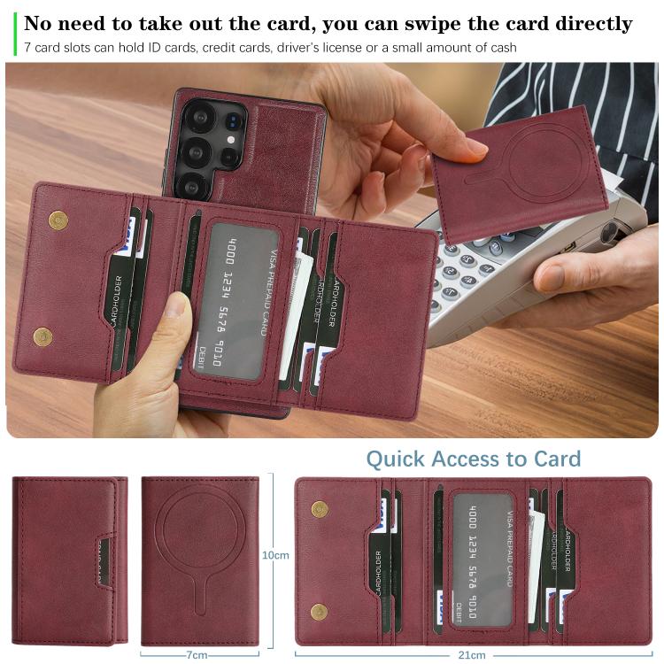 For Samsung Galaxy S25 Ultra 5G Kalebol Strong Magnetic MagSafe Tri-Fold Wallet Leather Phone Case