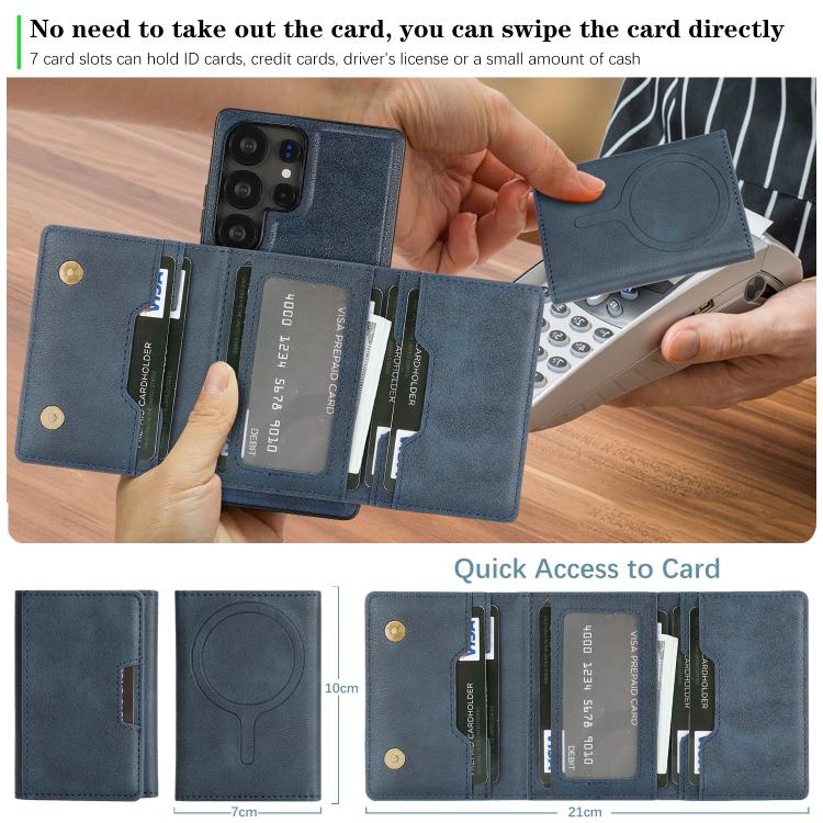 For Samsung Galaxy S25 Ultra 5G Kalebol Strong Magnetic MagSafe Tri-Fold Wallet Leather Phone Case