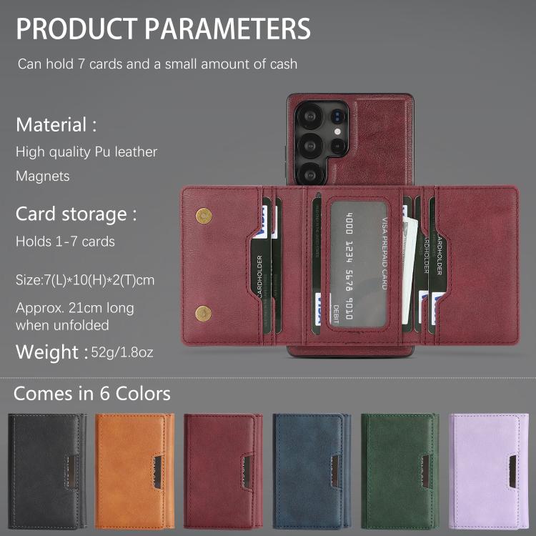 For Samsung Galaxy S24 Ultra 5G Kalebol Strong Magnetic MagSafe Tri-Fold Wallet Leather Phone Case