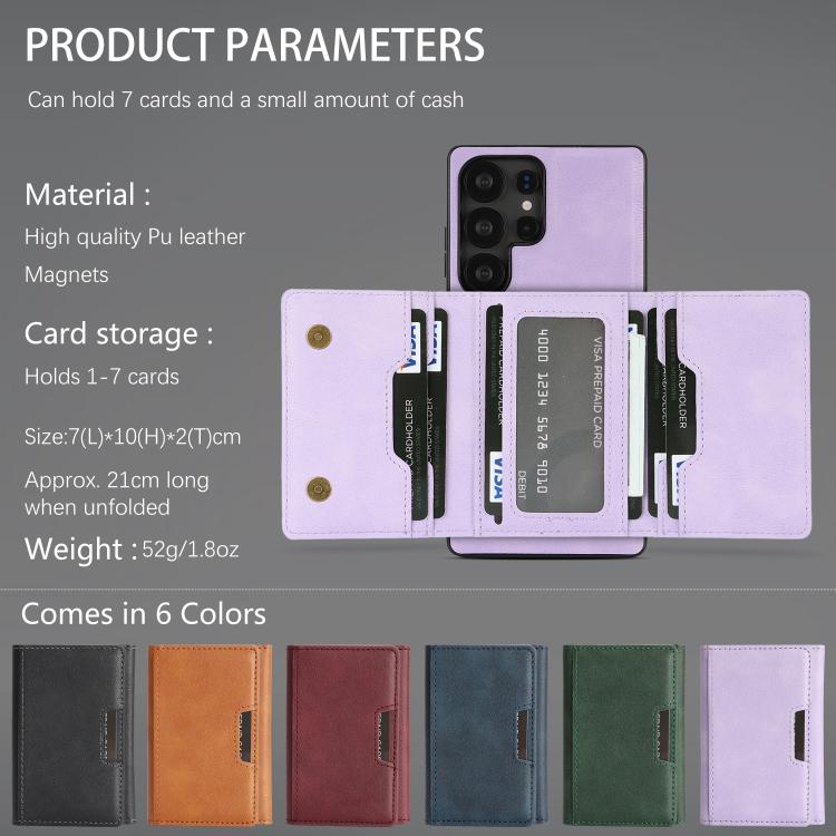 For Samsung Galaxy S24 Ultra 5G Kalebol Strong Magnetic MagSafe Tri-Fold Wallet Leather Phone Case