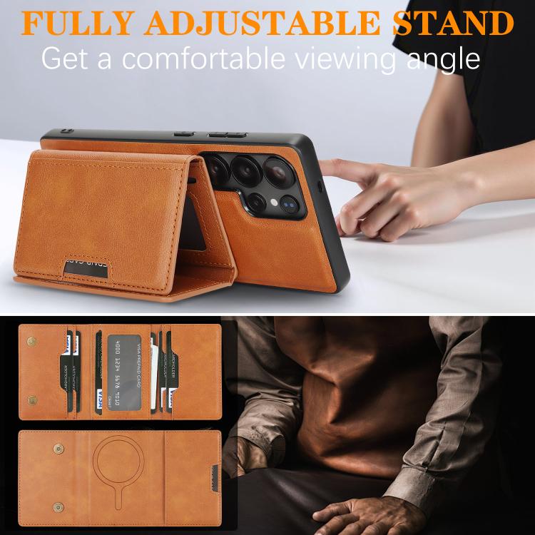 For Samsung Galaxy S23 Ultra 5G Kalebol Strong Magnetic MagSafe Tri-Fold Wallet Leather Phone Case