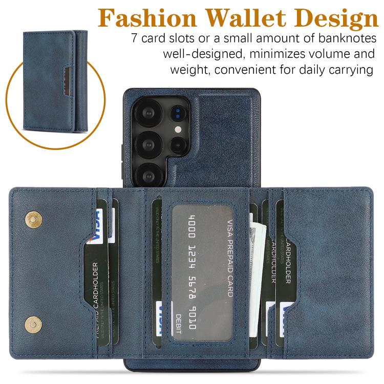 For Samsung Galaxy S23 Ultra 5G Kalebol Strong Magnetic MagSafe Tri-Fold Wallet Leather Phone Case
