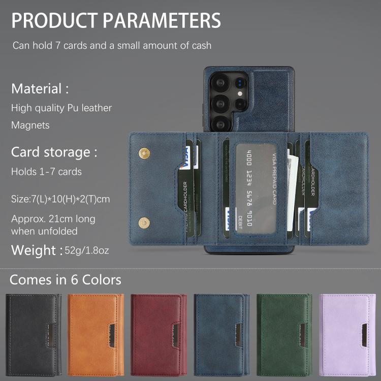 For Samsung Galaxy S23 Ultra 5G Kalebol Strong Magnetic MagSafe Tri-Fold Wallet Leather Phone Case