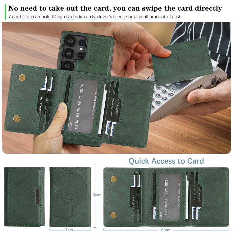 For Samsung Galaxy S23 Ultra 5G Kalebol Strong Magnetic MagSafe Tri-Fold Wallet Leather Phone Case