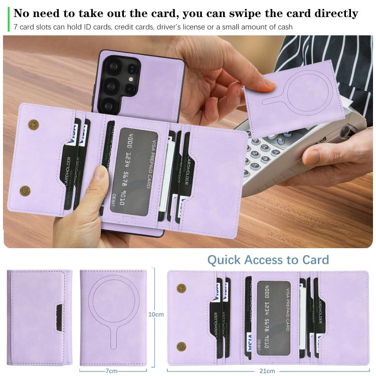 For Samsung Galaxy S23 Ultra 5G Kalebol Strong Magnetic MagSafe Tri-Fold Wallet Leather Phone Case