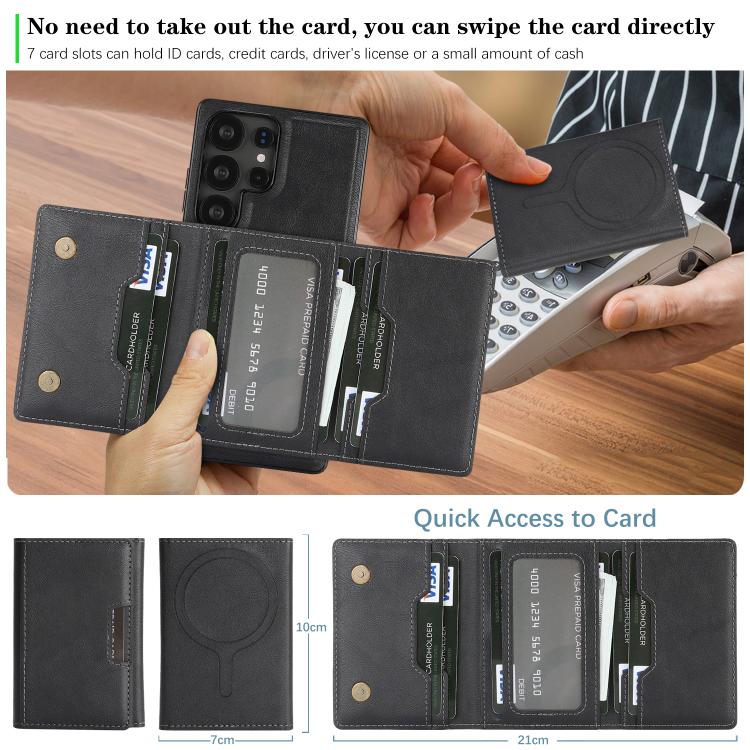 For Samsung Galaxy S22 Ultra 5G Kalebol Strong Magnetic MagSafe Tri-Fold Wallet Leather Phone Case