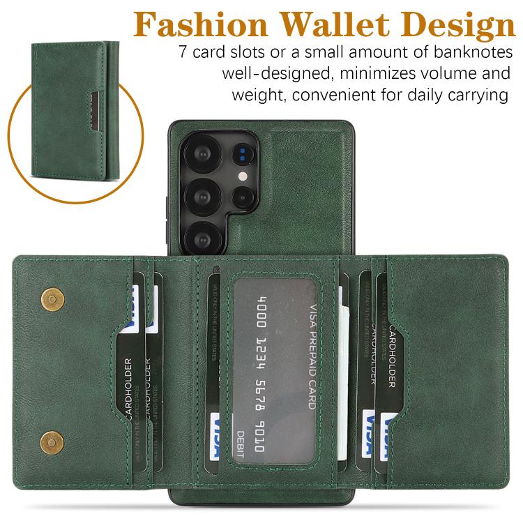 For Samsung Galaxy S22 Ultra 5G Kalebol Strong Magnetic MagSafe Tri-Fold Wallet Leather Phone Case