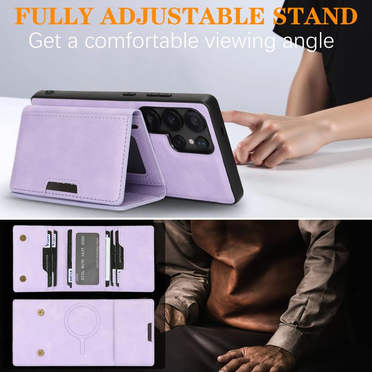 For Samsung Galaxy S22 Ultra 5G Kalebol Strong Magnetic MagSafe Tri-Fold Wallet Leather Phone Case