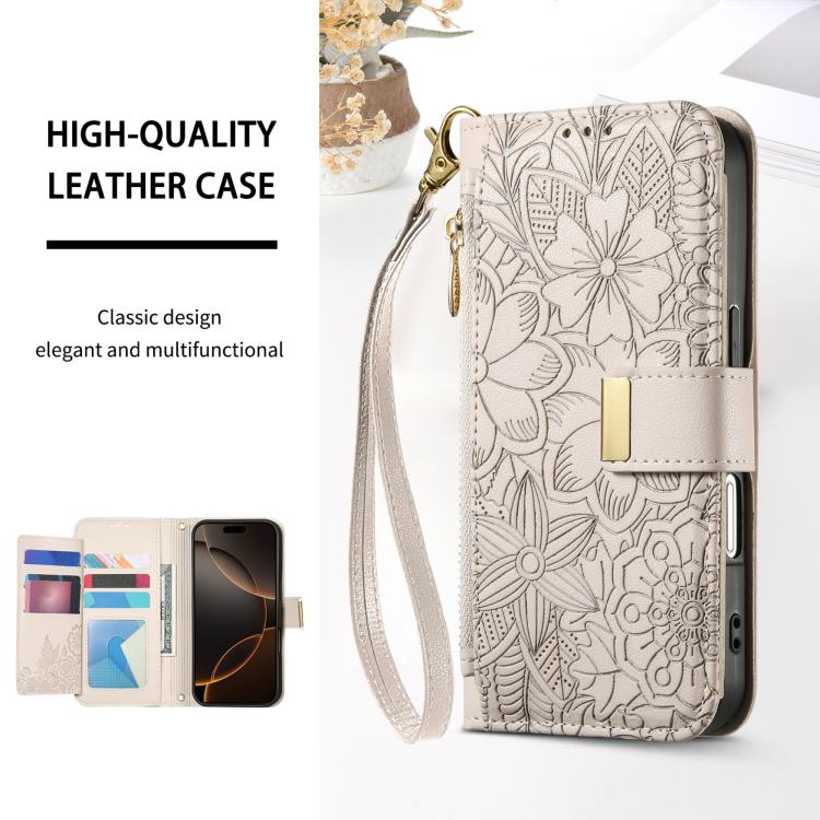 For iPhone 16 Flowers Leaves Zipper Wallet Leather Phone Case with Strap