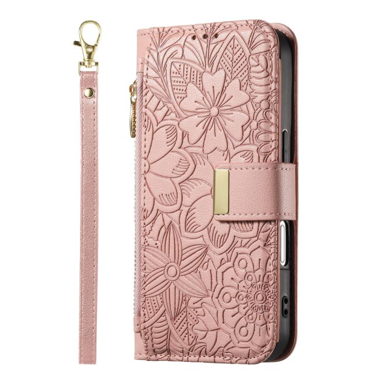 For iPhone 16 Flowers Leaves Zipper Wallet Leather Phone Case with Strap