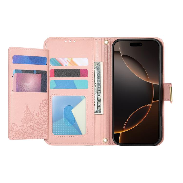 For iPhone 16 Flowers Leaves Zipper Wallet Leather Phone Case with Strap