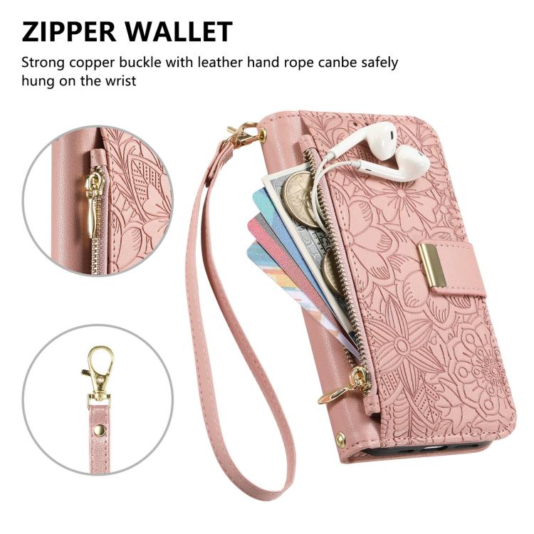 For iPhone 16 Flowers Leaves Zipper Wallet Leather Phone Case with Strap