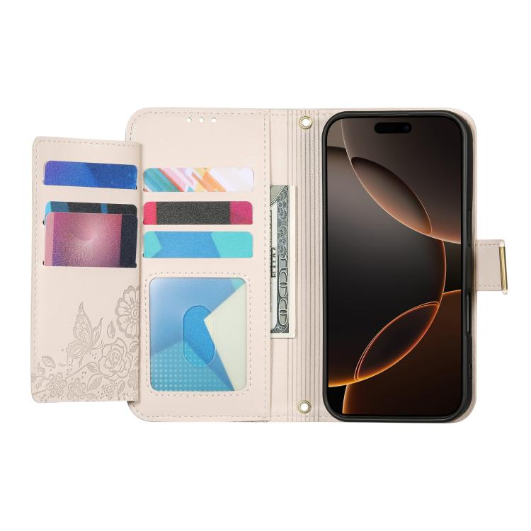 For iPhone 16 Plus Flowers Leaves Zipper Wallet Leather Phone Case with Strap