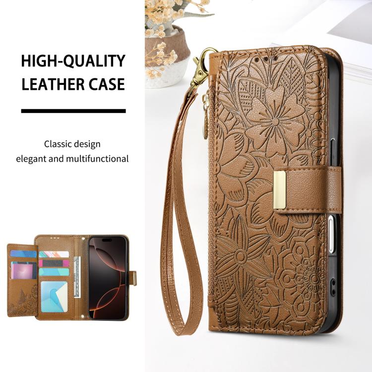 For iPhone 16 Plus Flowers Leaves Zipper Wallet Leather Phone Case with Strap