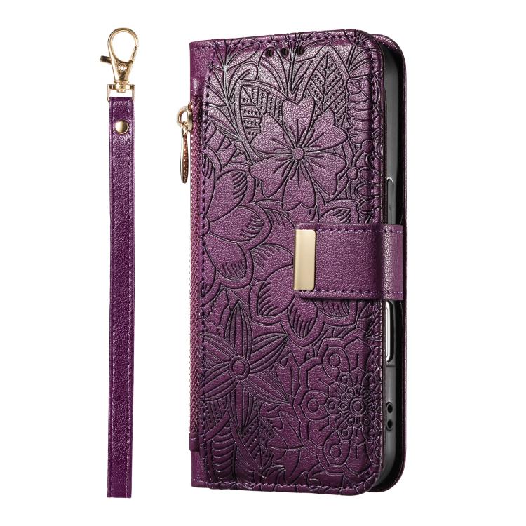 For iPhone 16 Plus Flowers Leaves Zipper Wallet Leather Phone Case with Strap
