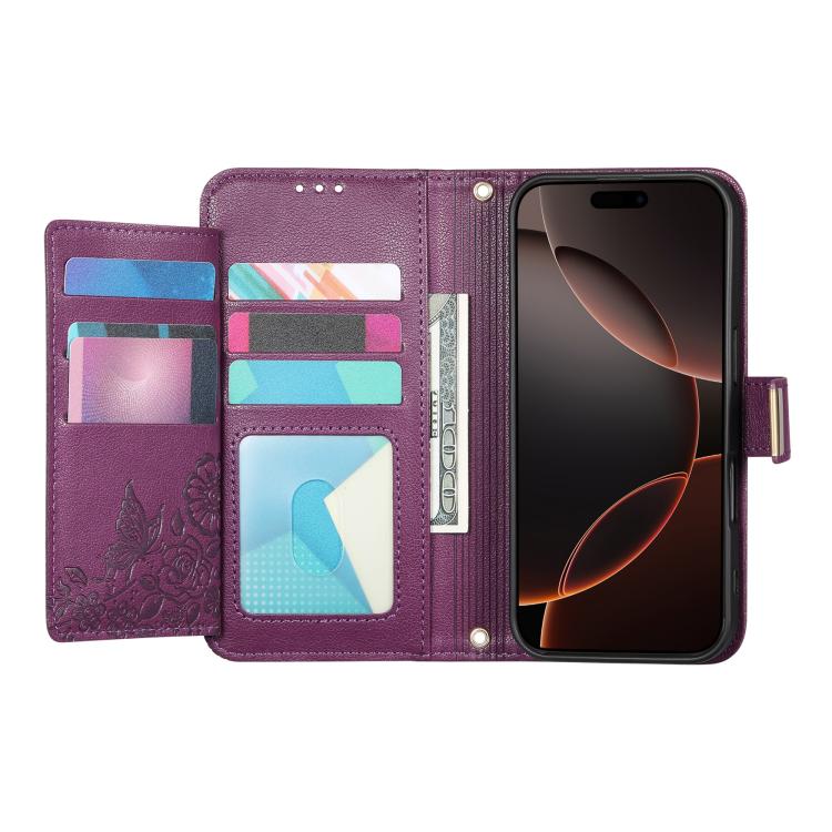 For iPhone 16 Plus Flowers Leaves Zipper Wallet Leather Phone Case with Strap