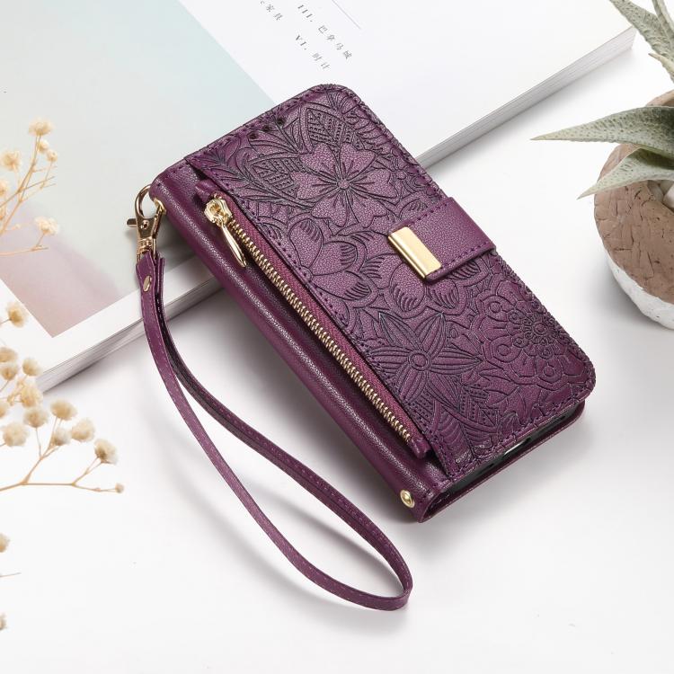 For iPhone 16 Plus Flowers Leaves Zipper Wallet Leather Phone Case with Strap