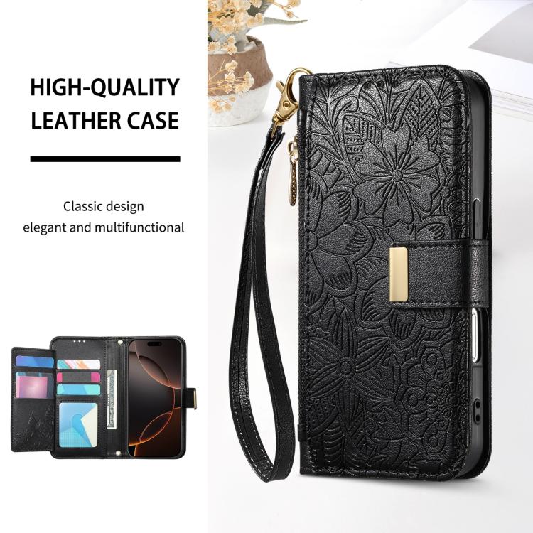 For iPhone 16 Plus Flowers Leaves Zipper Wallet Leather Phone Case with Strap