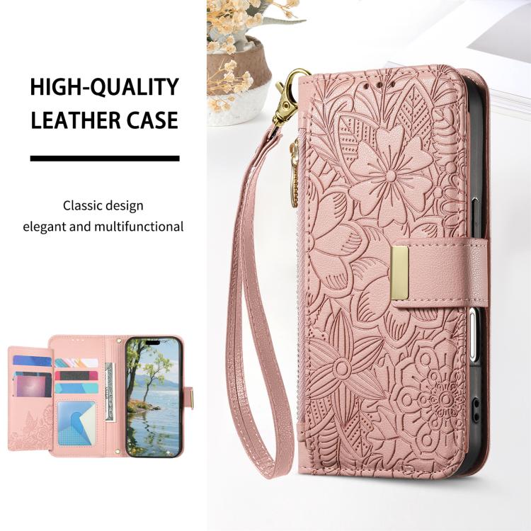 For iPhone 16 Pro Max Flowers Leaves Zipper Wallet Leather Phone Case with Strap