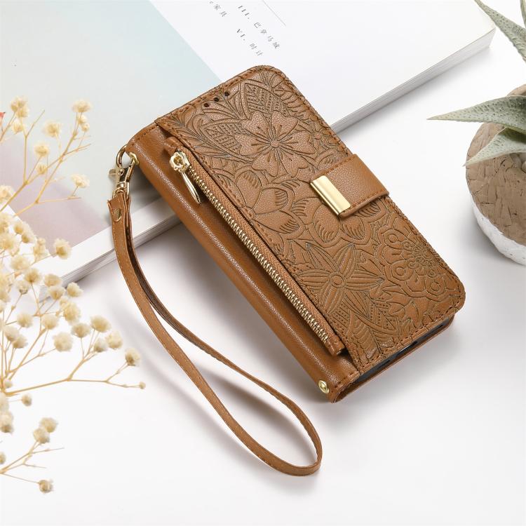 For iPhone 15 Plus Flowers Leaves Zipper Wallet Leather Phone Case with Strap