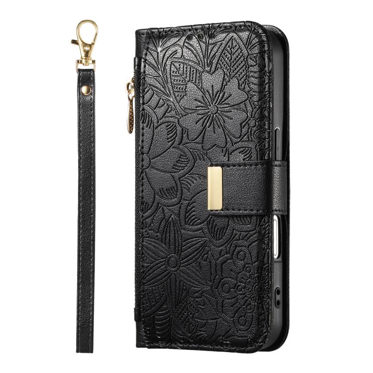 For iPhone 15 Plus Flowers Leaves Zipper Wallet Leather Phone Case with Strap