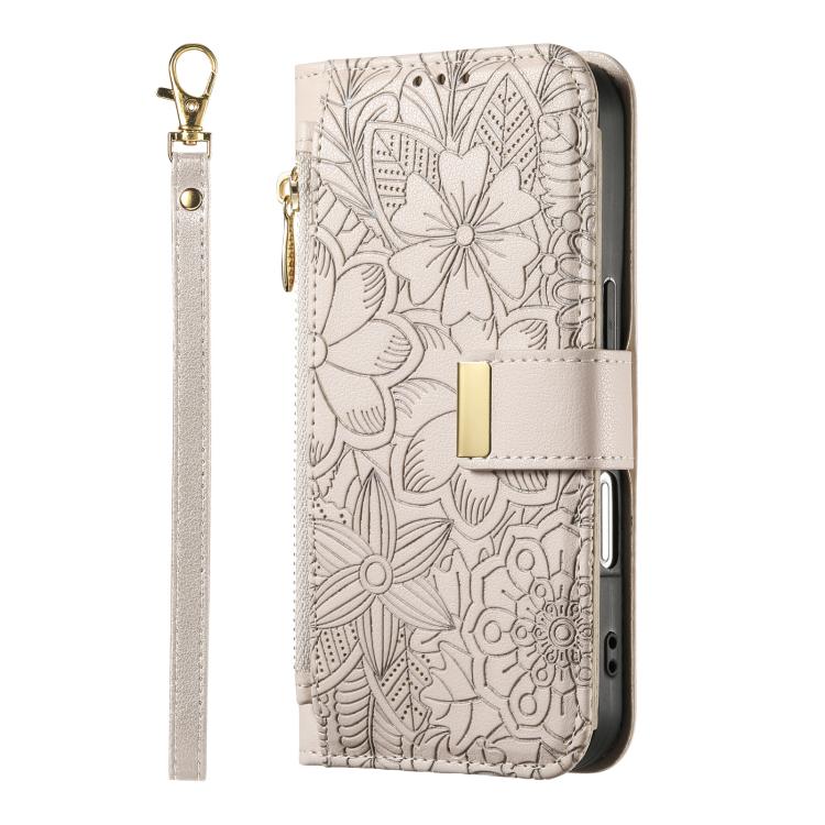 For iPhone 14 / 13 Flowers Leaves Zipper Wallet Leather Phone Case with Strap