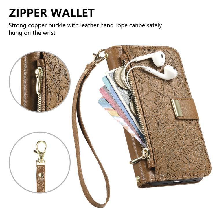 For iPhone 14 Pro Max Flowers Leaves Zipper Wallet Leather Phone Case with Strap