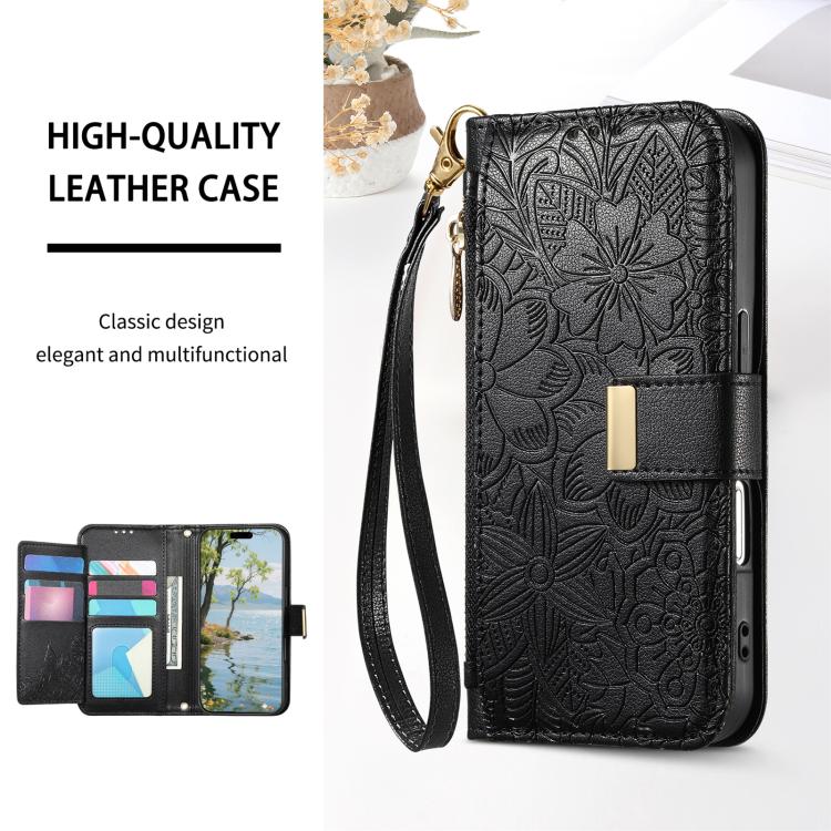 For iPhone 14 Pro Max Flowers Leaves Zipper Wallet Leather Phone Case with Strap