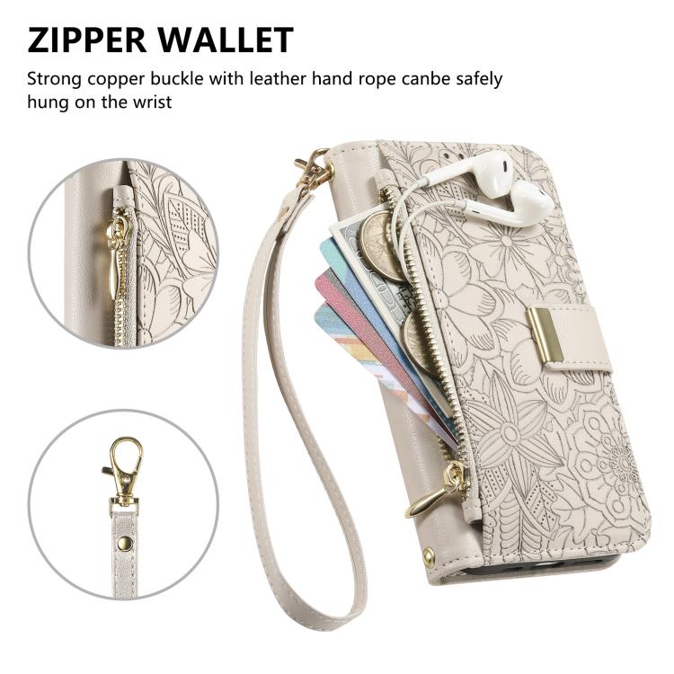 For iPhone 14 Plus Flowers Leaves Zipper Wallet Leather Phone Case with Strap