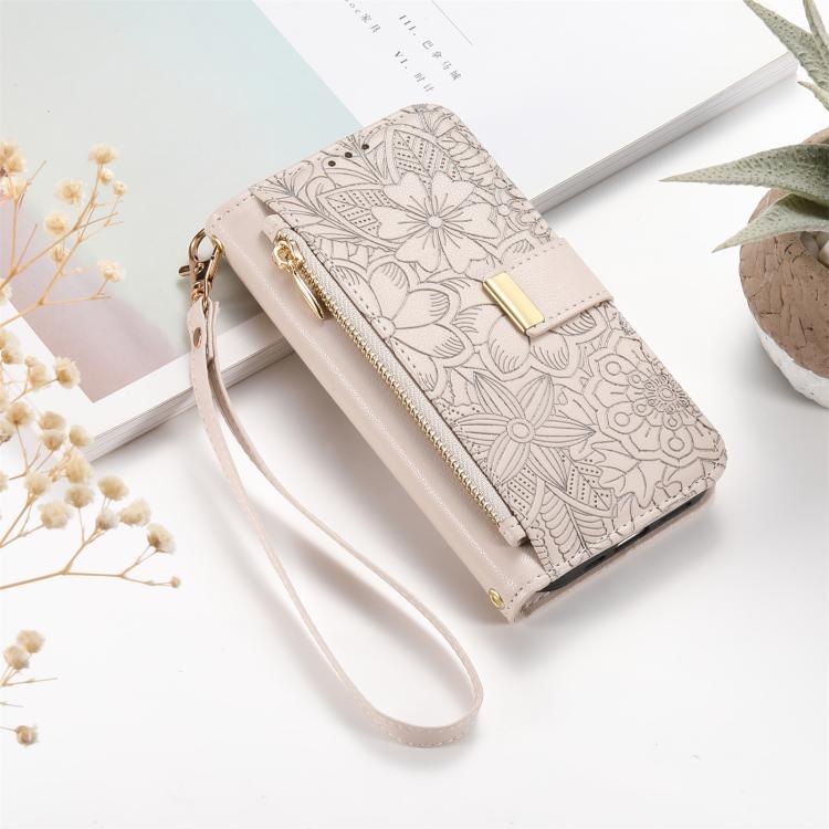 For iPhone 14 Plus Flowers Leaves Zipper Wallet Leather Phone Case with Strap