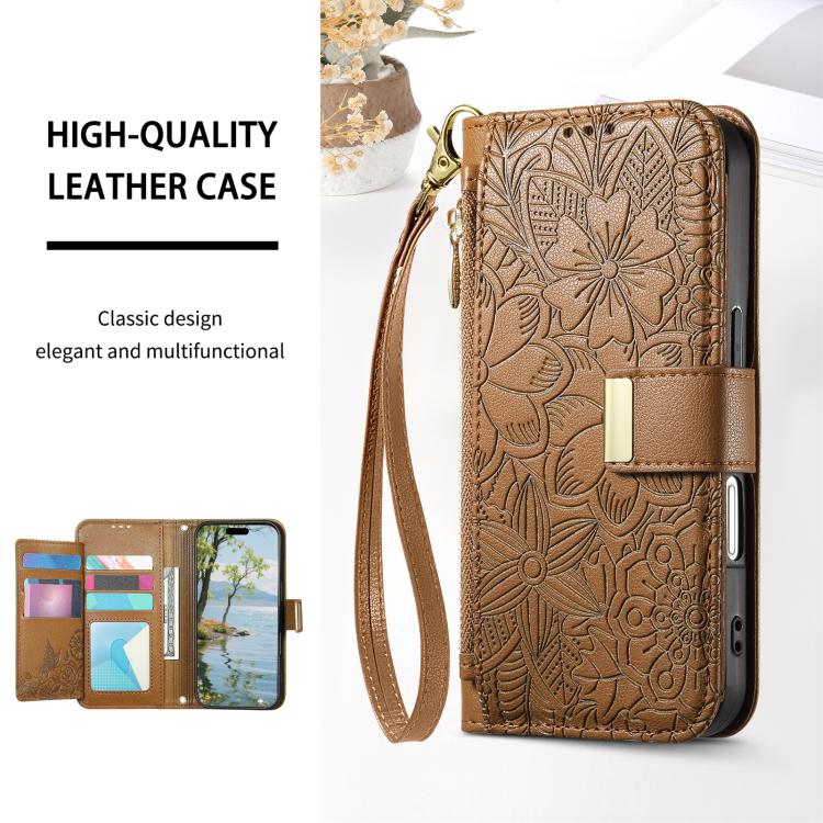 For iPhone 14 Plus Flowers Leaves Zipper Wallet Leather Phone Case with Strap