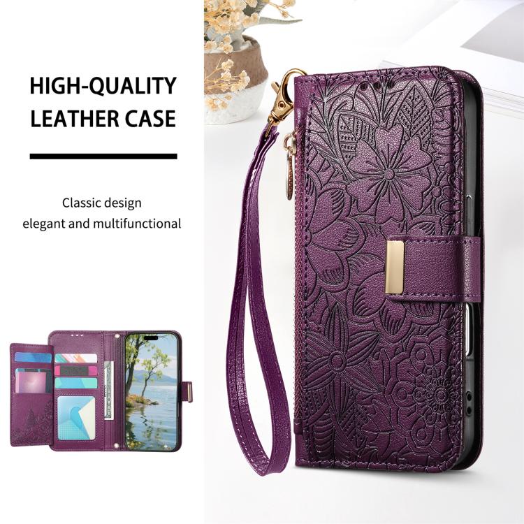 For iPhone 14 Plus Flowers Leaves Zipper Wallet Leather Phone Case with Strap