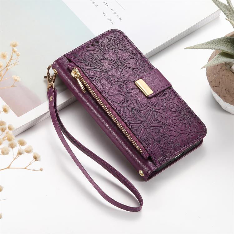 For iPhone 14 Plus Flowers Leaves Zipper Wallet Leather Phone Case with Strap