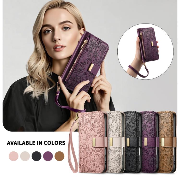 For iPhone 13 Pro Flowers Leaves Zipper Wallet Leather Phone Case with Strap