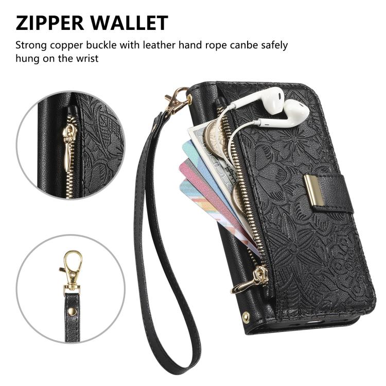 For iPhone 13 Pro Flowers Leaves Zipper Wallet Leather Phone Case with Strap