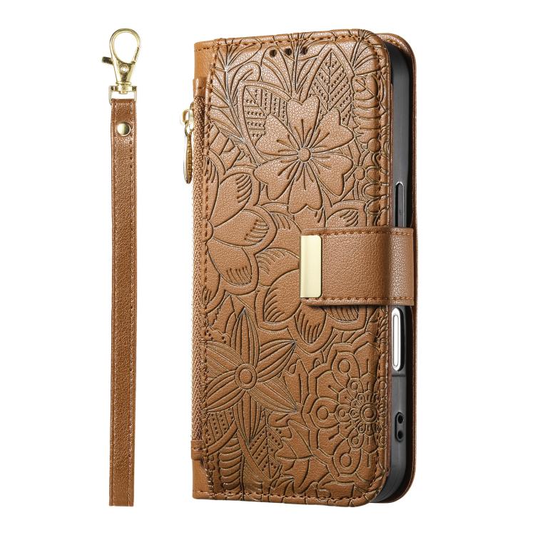 For iPhone 13 Pro Max Flowers Leaves Zipper Wallet Leather Phone Case with Strap