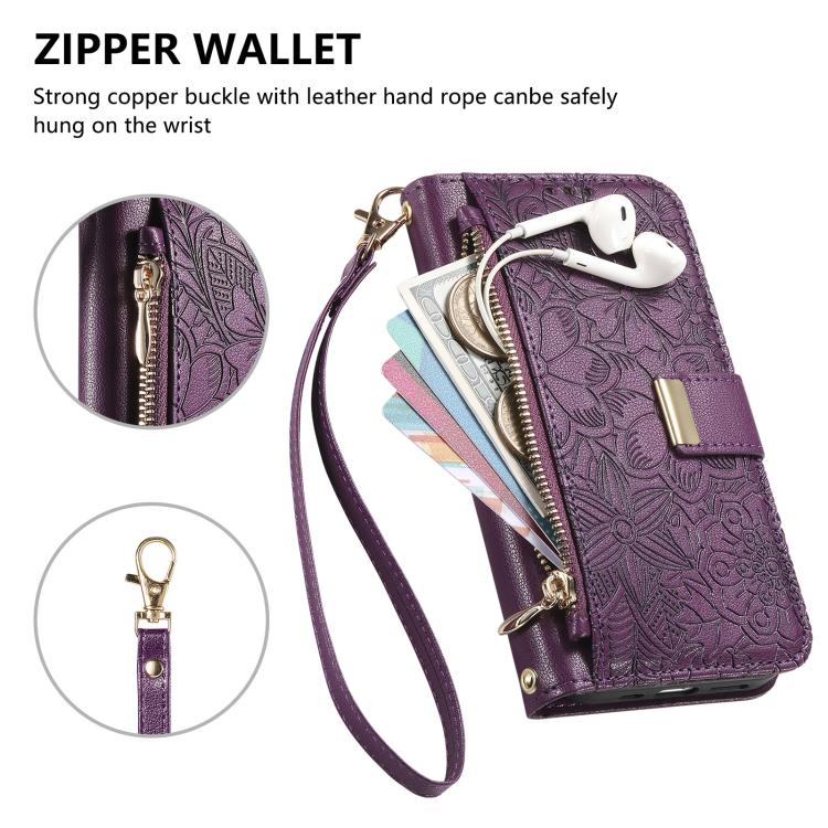 For iPhone 17e / 16e Flowers Leaves Zipper Wallet Leather Phone Case with Strap