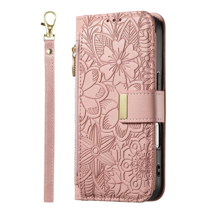 For iPhone 17e / 16e Flowers Leaves Zipper Wallet Leather Phone Case with Strap