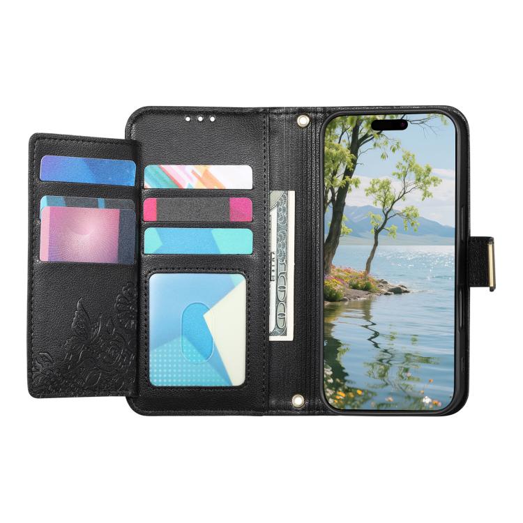 For iPhone 17e / 16e Flowers Leaves Zipper Wallet Leather Phone Case with Strap
