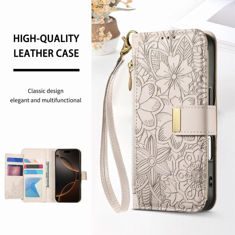 For iPhone 17 Flowers Leaves Zipper Wallet Leather Phone Case with Strap