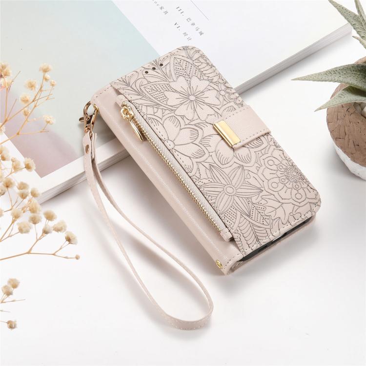 For iPhone 17 Flowers Leaves Zipper Wallet Leather Phone Case with Strap